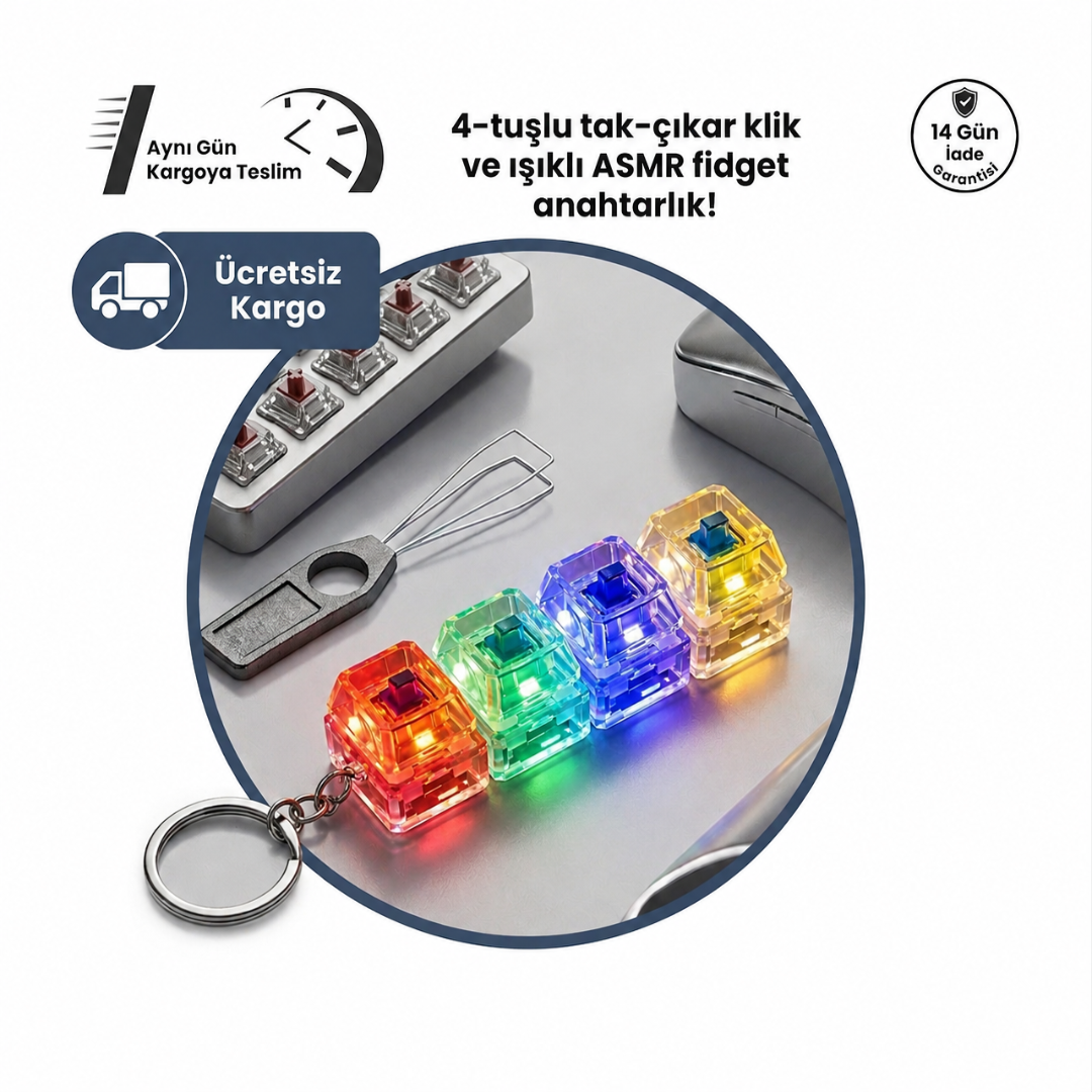 Empiron™ 4'lü Işıklı Mekanik Klavye Stres Anahtarlığı (ASMR & Fidget)
