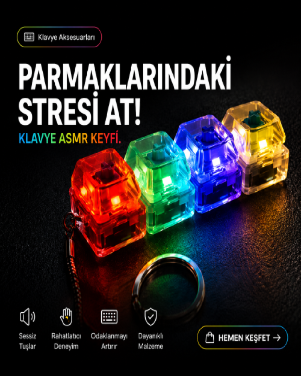 Empiron™ 4'lü Işıklı Mekanik Klavye Stres Anahtarlığı (ASMR & Fidget)