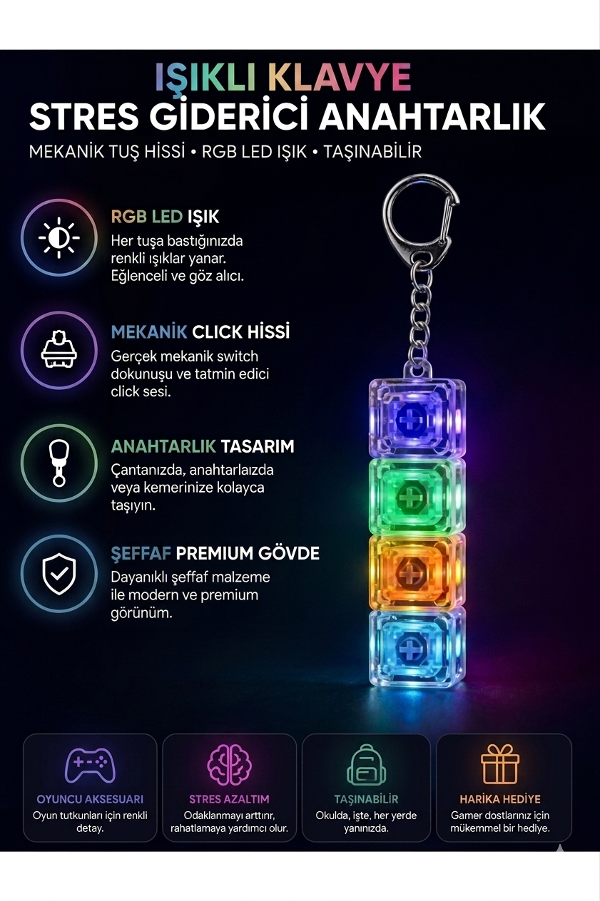 Empiron™ 4'lü Işıklı Mekanik Klavye Stres Anahtarlığı (ASMR & Fidget)